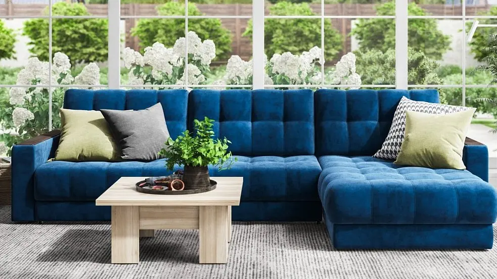 Большой семейный угловой диван boss max se ткань велюр, цвет синий, 338х183х90 см