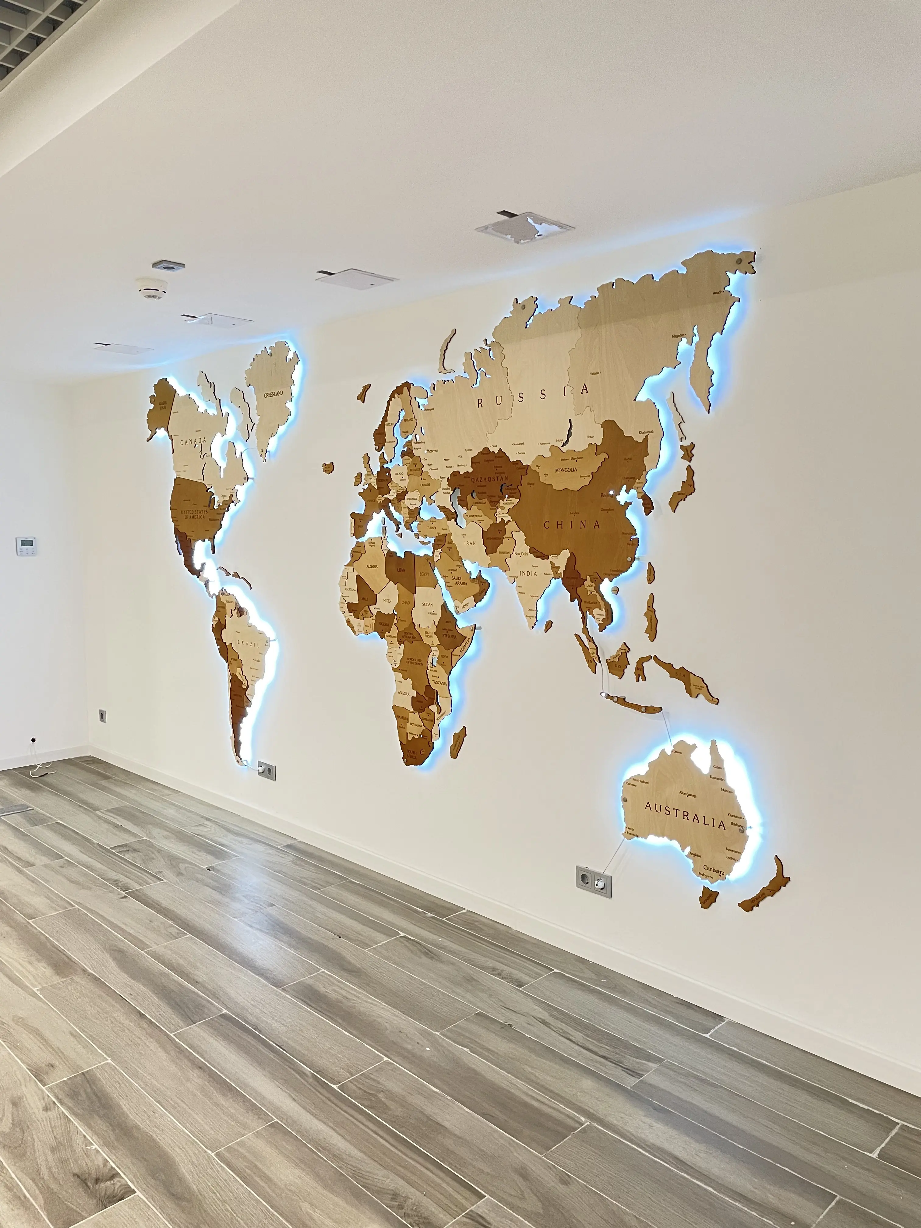 250*160см Настенная карта мира из дерева с подсветкой