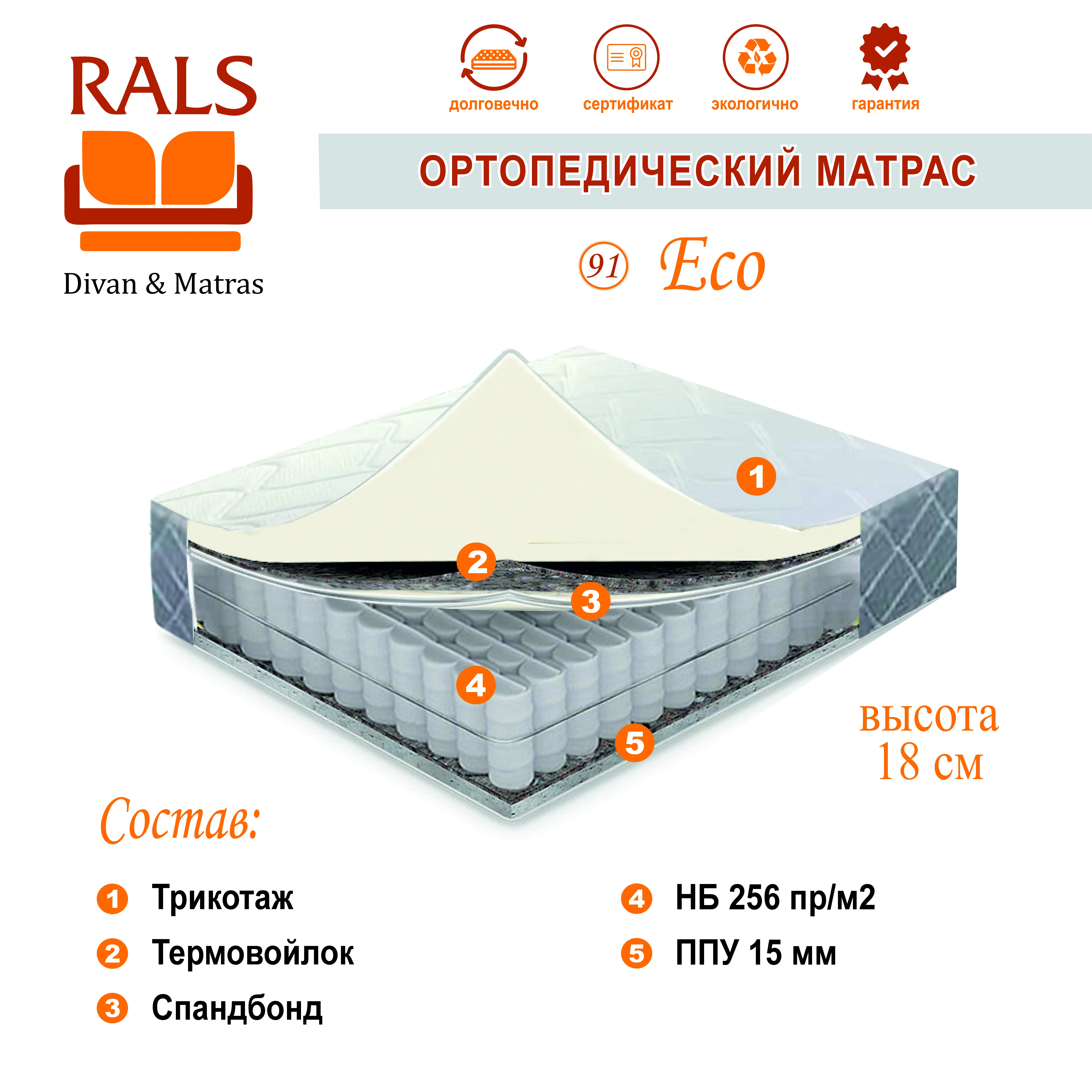 Rals  eco 91 ,160x200x18 см, чехол трикотаж